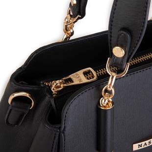 gümüş aksesuarlıdır Nas Bag Kadın Sade ve Şık El ve Omuz Çantası Siyah Mngo (Ölçüsü:24x21x16