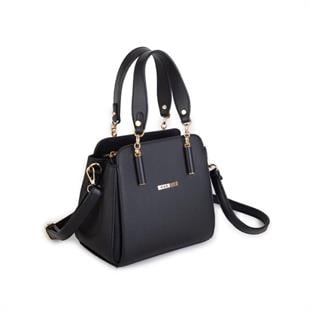 gümüş aksesuarlıdır Nas Bag Kadın Sade ve Şık El ve Omuz Çantası Siyah Mngo (Ölçüsü:24x21x16