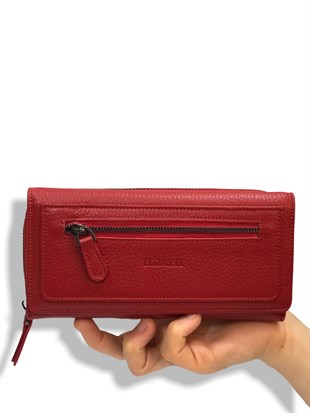 ElizaBell Kırmızı Gerçek Deri Kadın Cüzdanı %100 Deri Büyük Para Kart Çantası