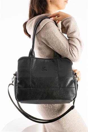 Siyah Mega kadın omuz çantası 3 gözlü yumuşak deri ebat 36cm26 