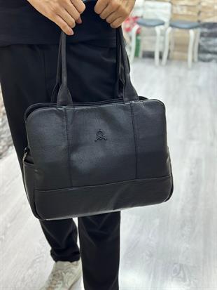 Siyah Mega kadın omuz çantası 3 gözlü yumuşak deri ebat 36cm26 