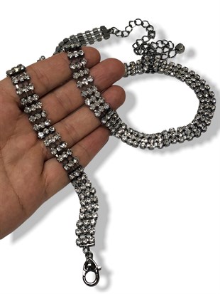 Siyah Renk Kadın Kemer 3 sıra Su Yolu Abiye Elbise Kemeri  75 Cm Taş Kısmı 20Cm Zincir 105 Cm 