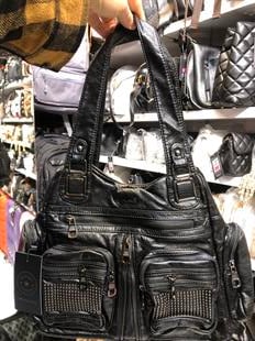 Siyah Yıkanmış deri iki gözlü kadın omuz çantası ebat 30cm32 