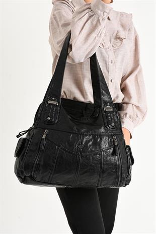 Suni Deri Çok Bölmeli Çapraz ve Omuz Çantası Siyah (Model: 571-9-12FF)