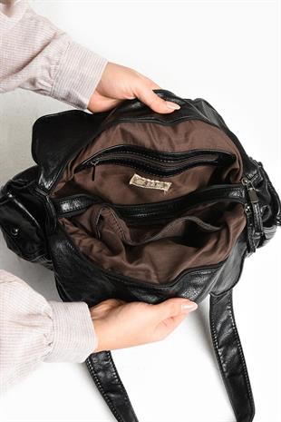 Suni Deri Çok Bölmeli Çapraz ve Omuz Çantası Siyah (Model: 571-9-12FF)