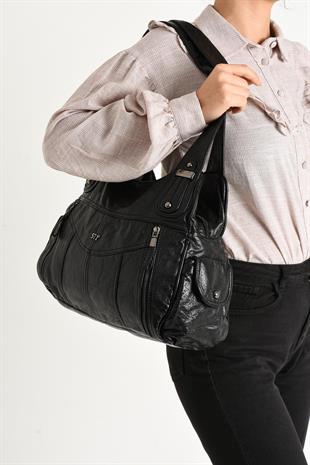 Suni Deri Çok Bölmeli Çapraz ve Omuz Çantası Siyah (Model: 571-9-12FF)