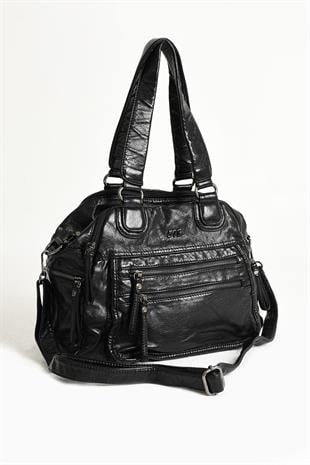 Suni Deri Çok Bölmeli Çapraz ve Omuz Çantası Siyah (Model: 571-9-12FF)