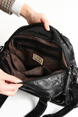 Vizon renk Suni Deri Çok Bölmeli Çapraz ve Omuz Çantası Siyah (Model: 571-9-12FF)