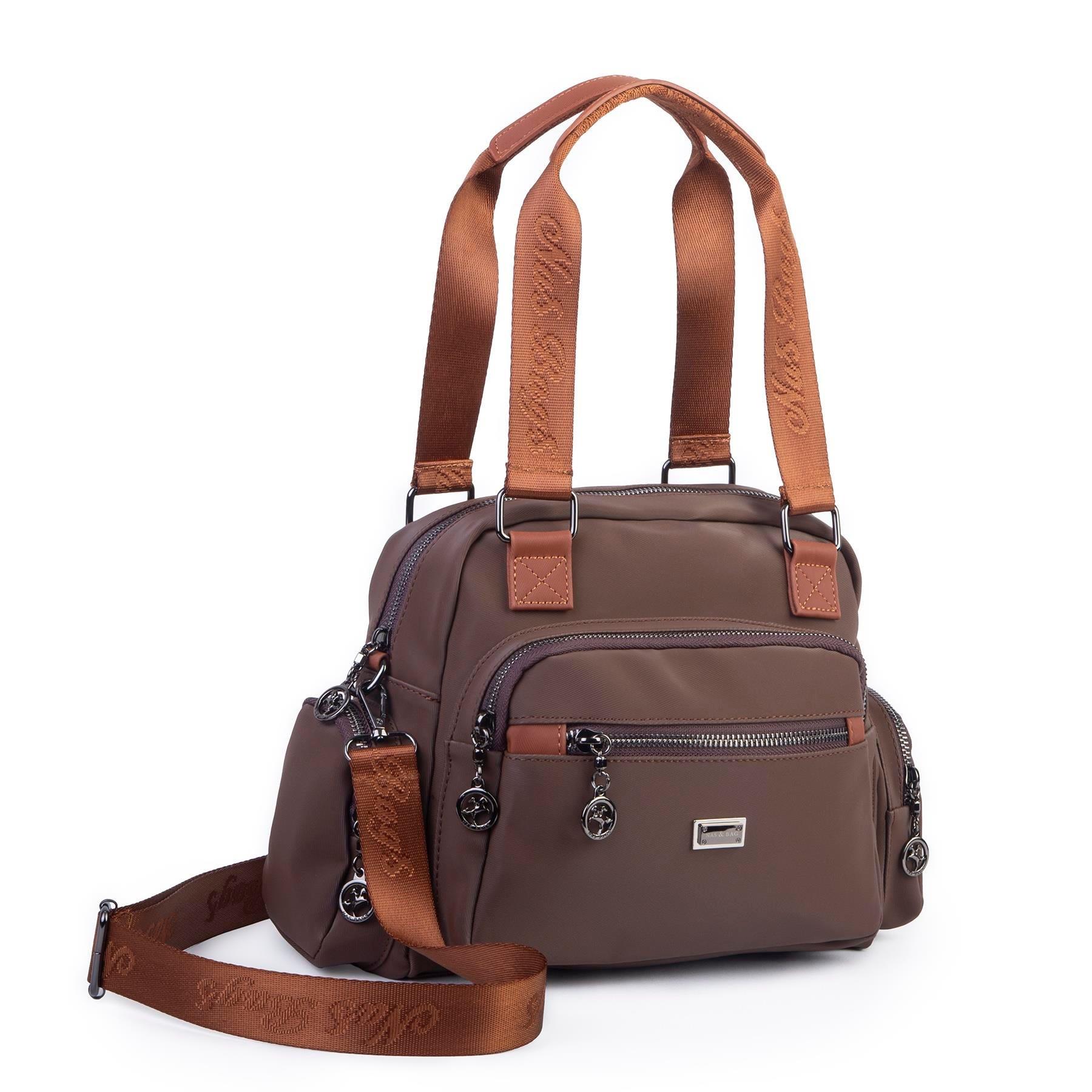 Kahve Rengi Nas bags kadın kol ve çapraz askılı. Çok gözlü çanta 1402 ebat 27cm32 
