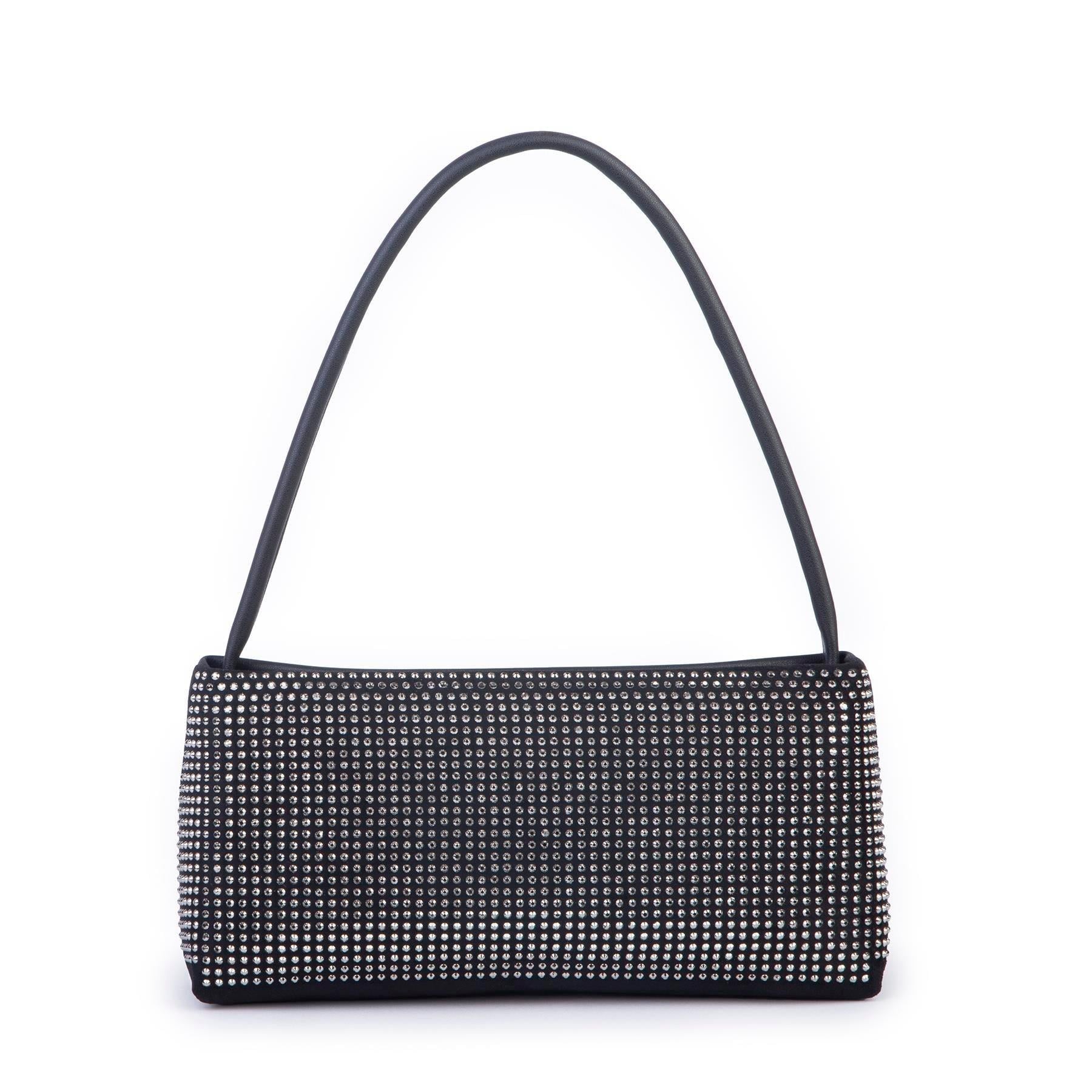 Nas Bag Kadın Basic Baget Omuz ve Çapraz Çanta Siyah Gümüş Taşlı (27x12 cm )