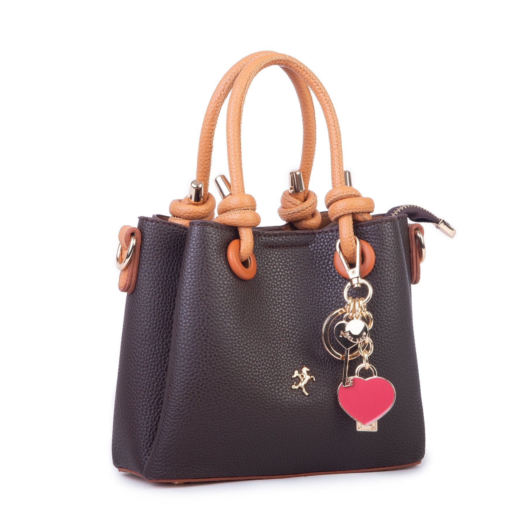 Nas Bag Kadın Charmlı Mini El ve Çapraz Çanta (en :19 cm , boy:15 cm) Kahve Taba Lopez