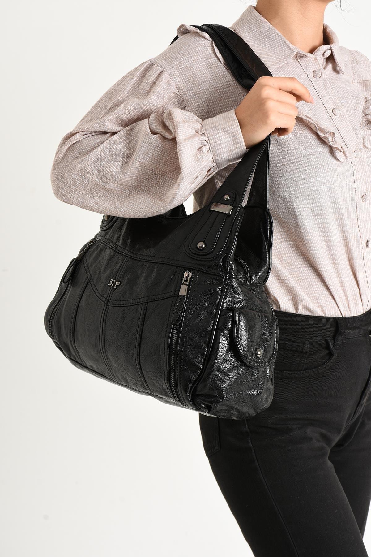 Suni Deri Çok Bölmeli Çapraz ve Omuz Çantası Siyah (Model: 571-9-12FF)