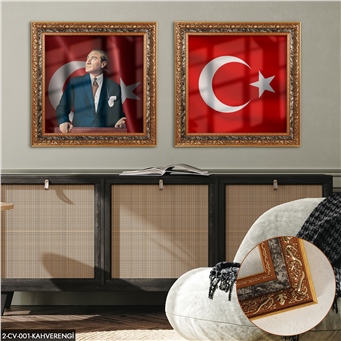 Mustafa Kemal Atatürk ve Türk Bayrağı Çerçeveli Camlı 2 Parça Tablo KV
