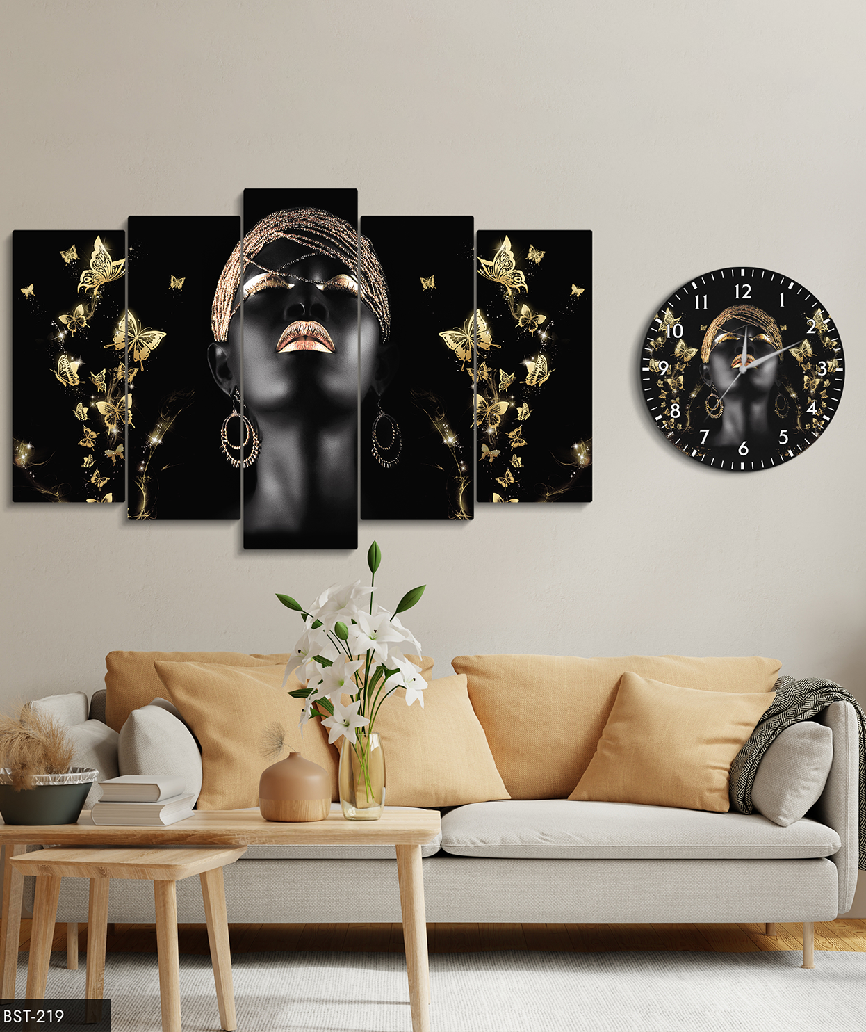 Afrikalı Kadın Gold Kelebekler Tablo Saat Set
