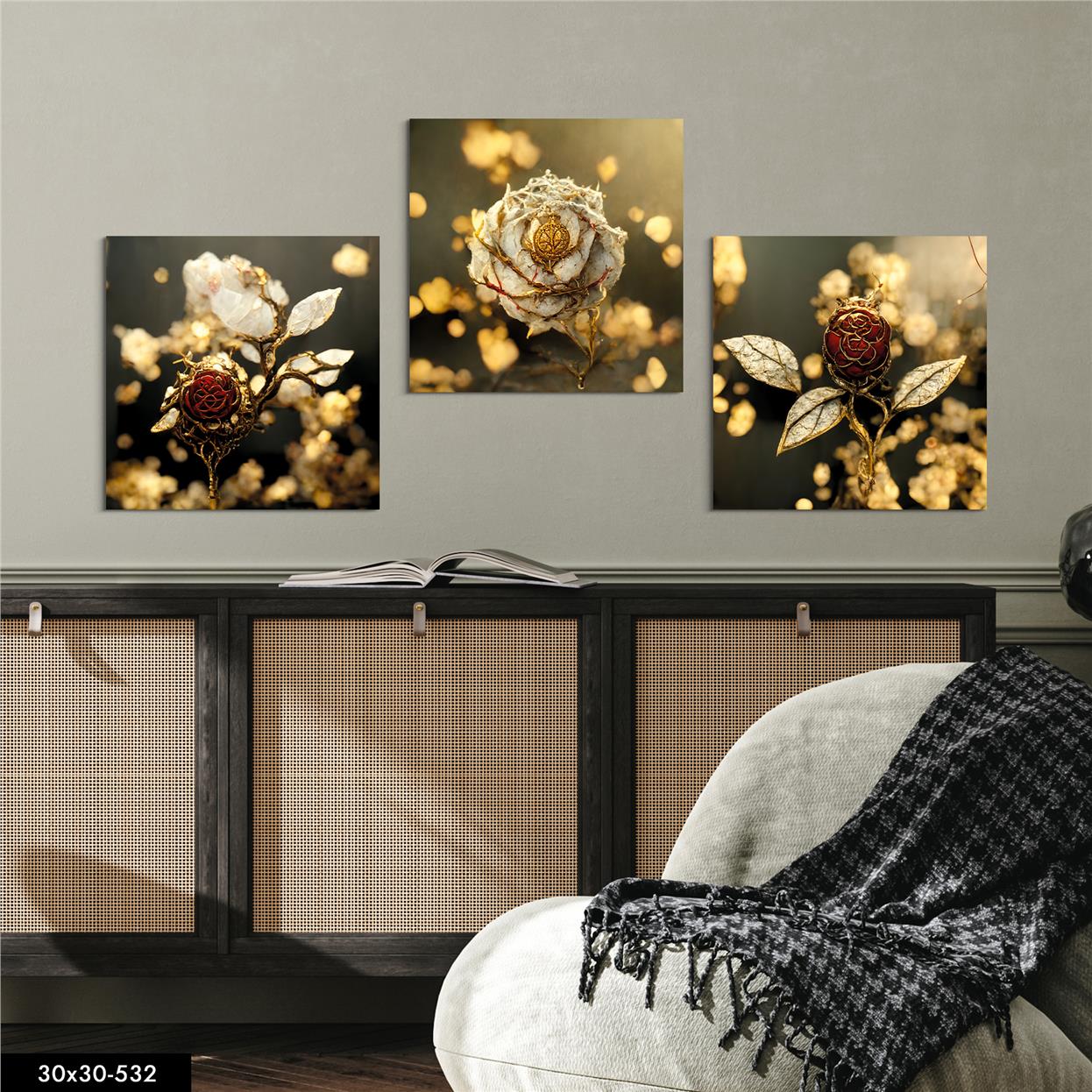 Gold Çiçekler 3 Parça Mdf Tablo