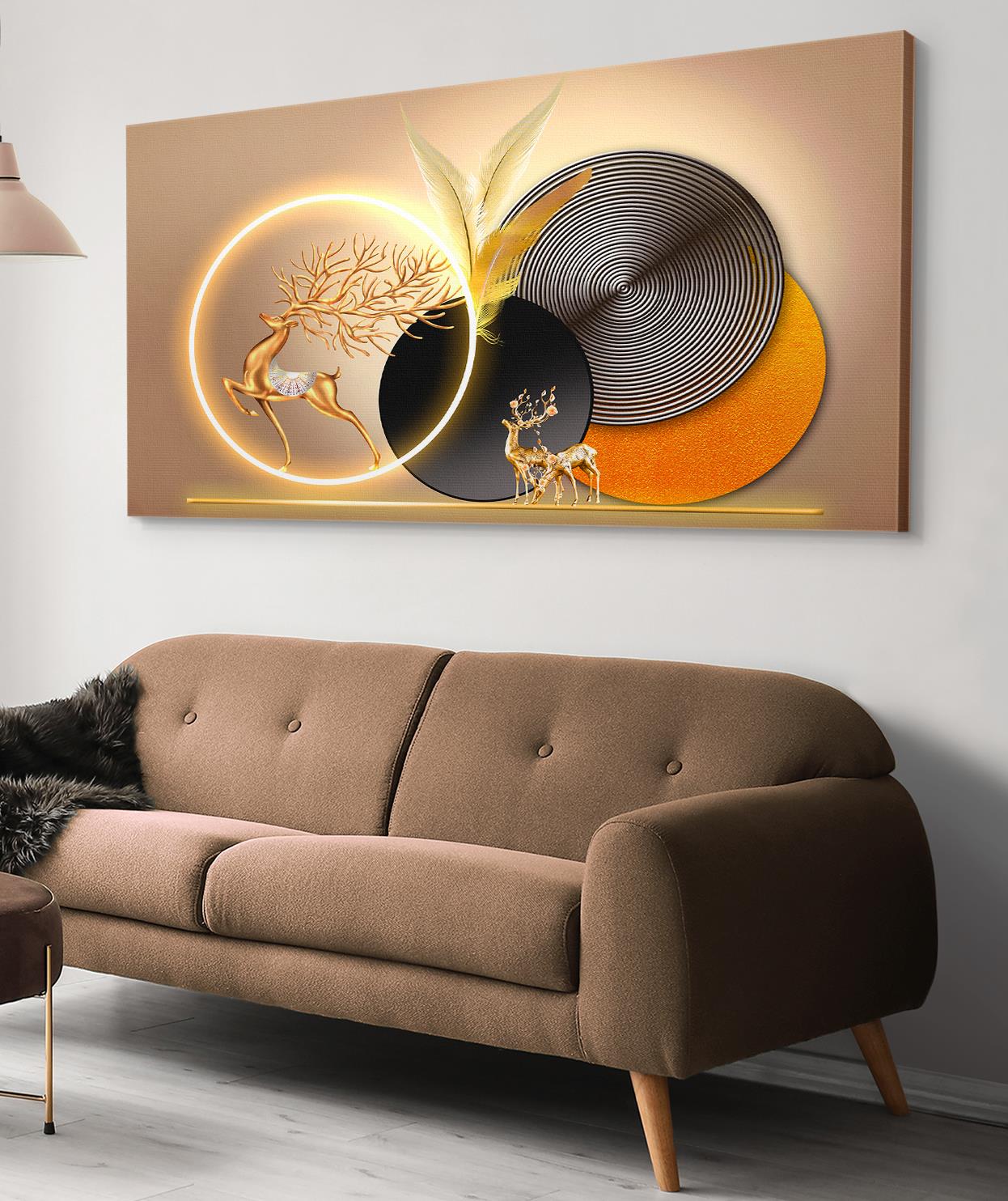 Gold Geyik Daireler Işıksız Kanvas Tablo