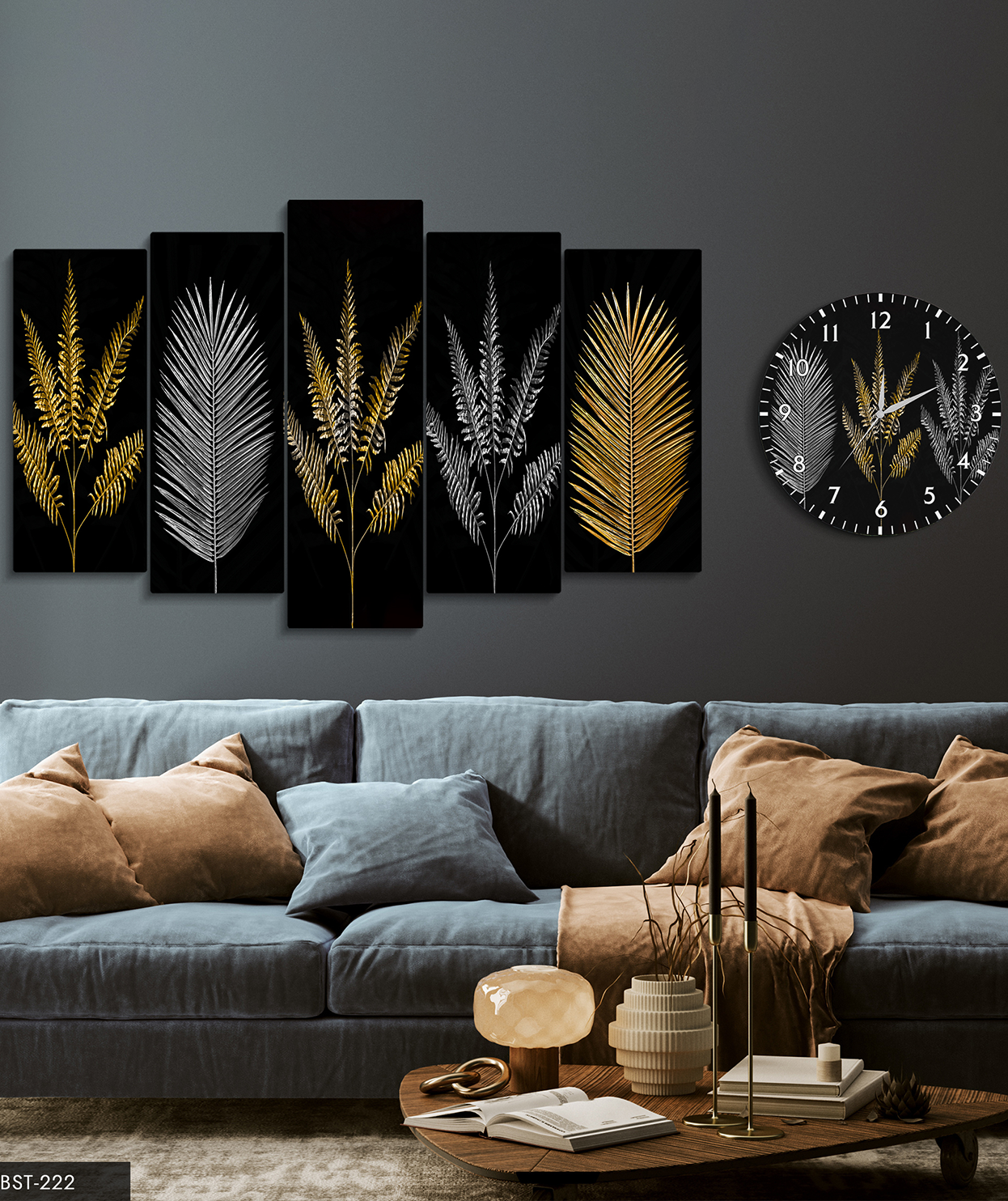 Gold Gümüş Yapraklar Tablo Saat Set