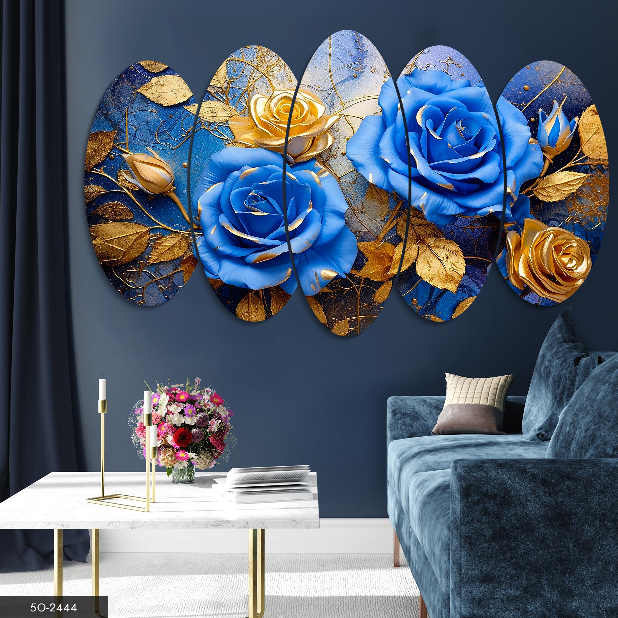 Mavi Gold Güller 5 Parçalı Mdf Tablo