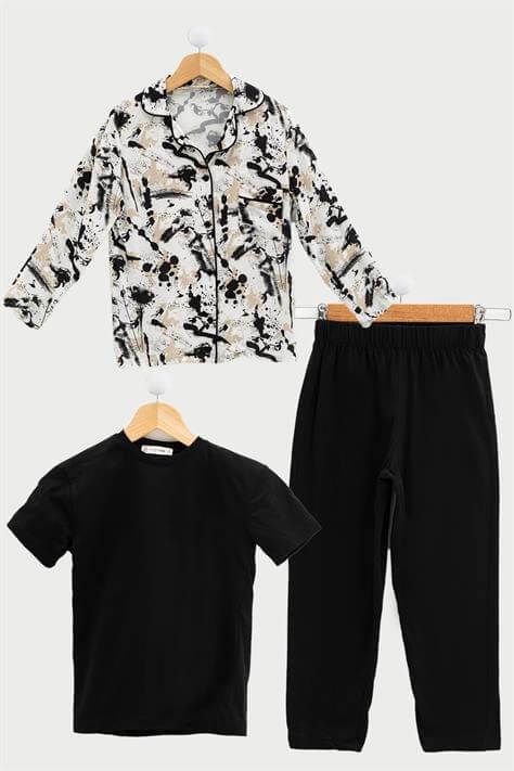 For You Kids 3'lü Ara Biyeli Tshirt Pantolon Siyah Pijama Takımı For You Kids 3'lü Ara Biyeli Tshirt Pantolon Siyah Pijama Takımı