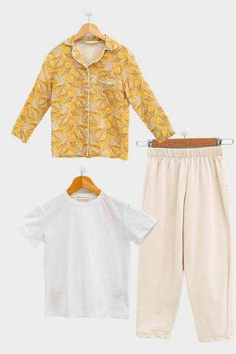 For You Kids 3'lü Ara Biyeli Tshirt Pantolon Taş Pijama Takımı For You Kids 3'lü Ara Biyeli Tshirt Pantolon Taş Pijama Takımı