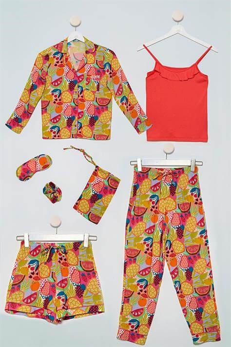 7'li  Biyeli Tropikal Desen Turuncu Pijama Takımı   For You Kids 7'li  Biyeli Tropikal Desen Turuncu Pijama Takımı  