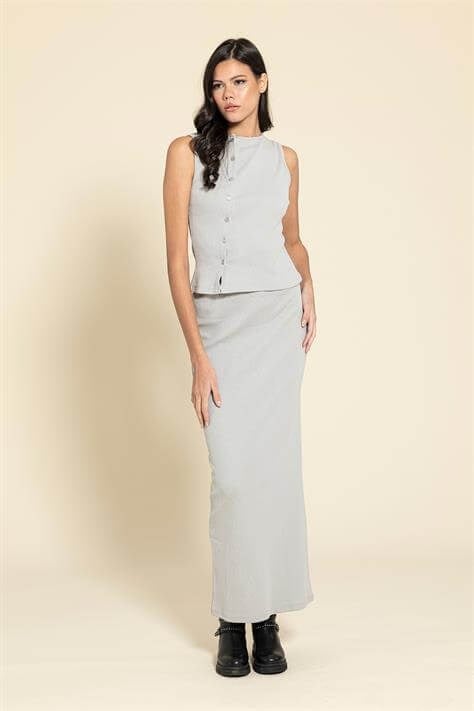 For You Moda Düğmeli Gri Bluz Etek Takım For You Moda Düğmeli Gri Bluz Etek Takım