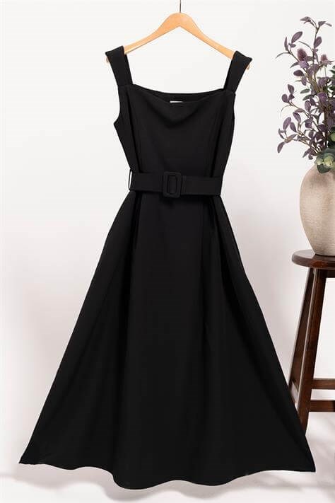 For You Moda Siyah Askılı Kumaş Kemerli A Kesim Elbise | KareYaka Şık Kadın Elbise For You Moda Siyah Askılı Kumaş Kemerli A Kesim Elbise | KareYaka Şık Kadın Elbise