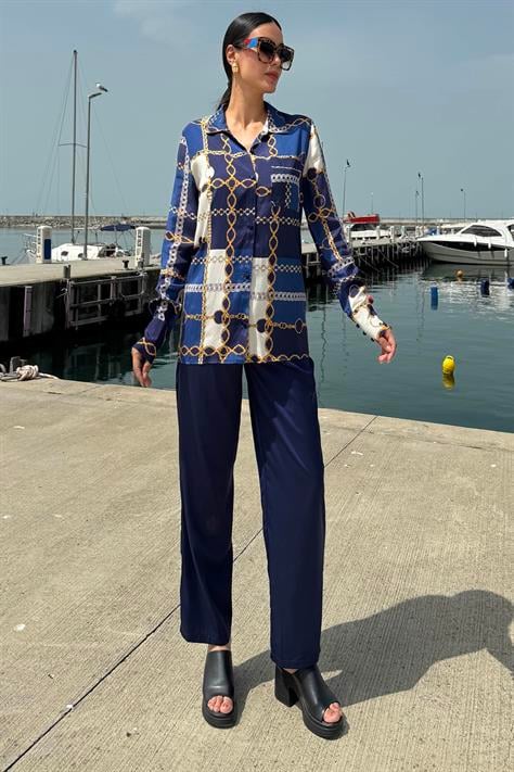 Now Moda 3'lü Saten Zincir Desenli Bustiyer Pantolon Lacivert Takım Now Moda 3'lü Saten Zincir Desenli Bustiyer Pantolon Lacivert Takım