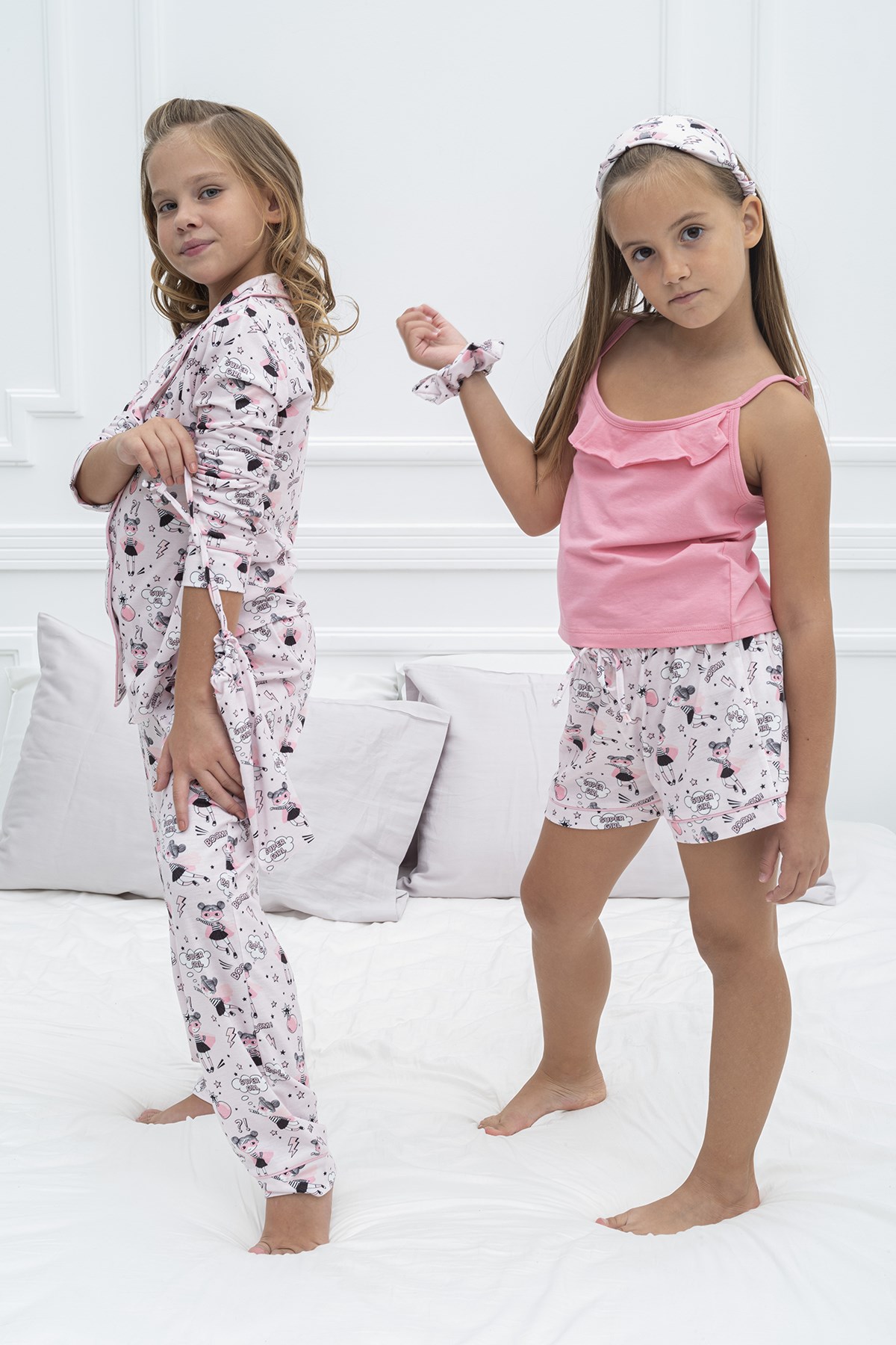 For You Kids 7 li Pembe Biyeli Süper Girl Desenli Pijama Takımı
