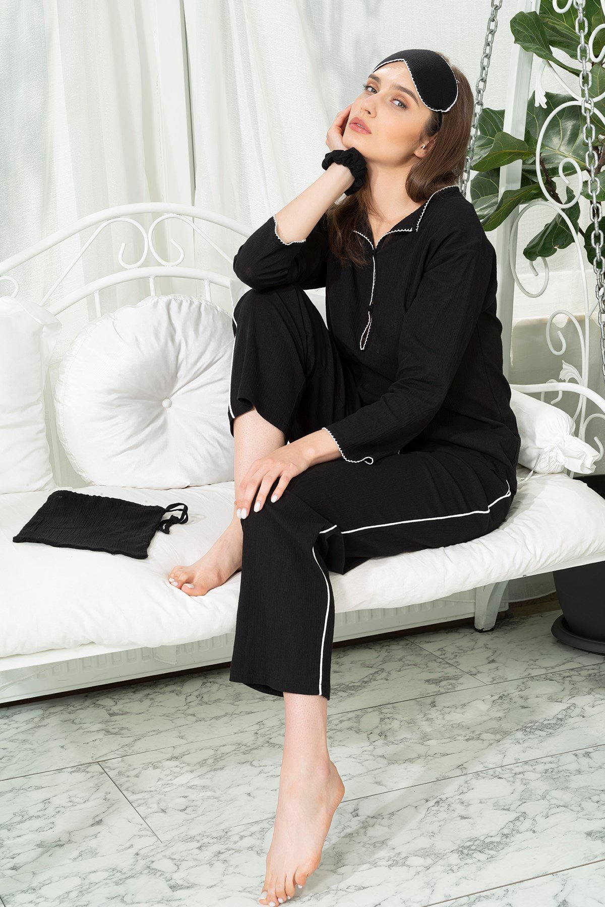 For You Moda Kadın 7 li Organik Beyaz Kenar İşlemeli Pijama Takımı