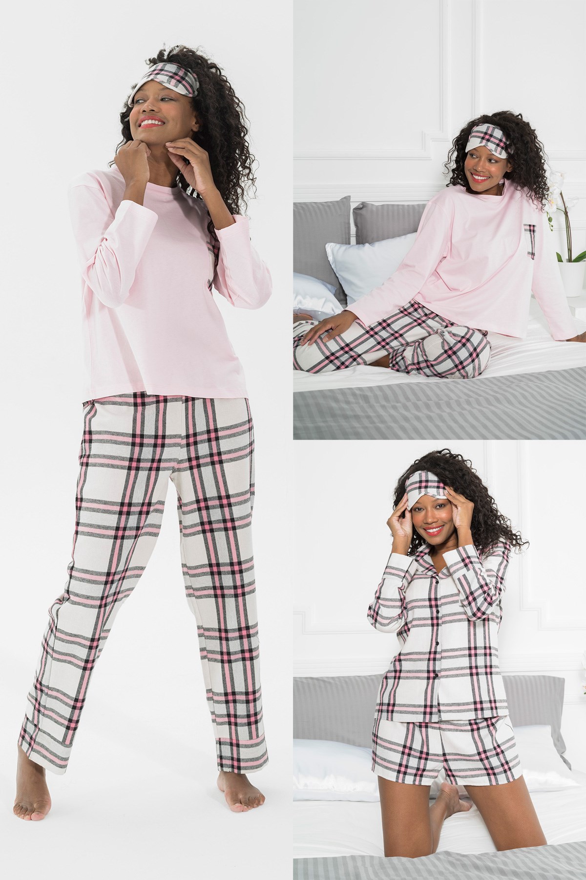 For You Moda Kadın Pamuklu 5 li Pembe Ekoseli Pijama Takımı