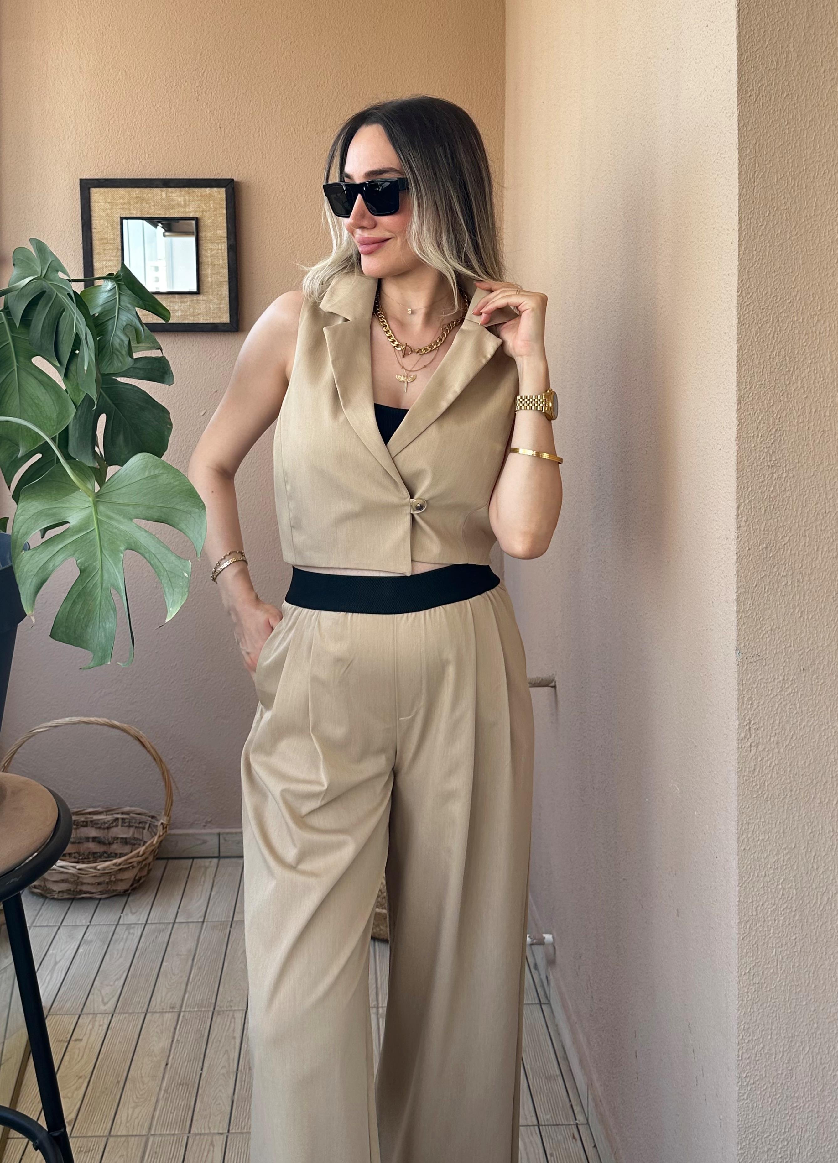 Camel yelek pantolon takım