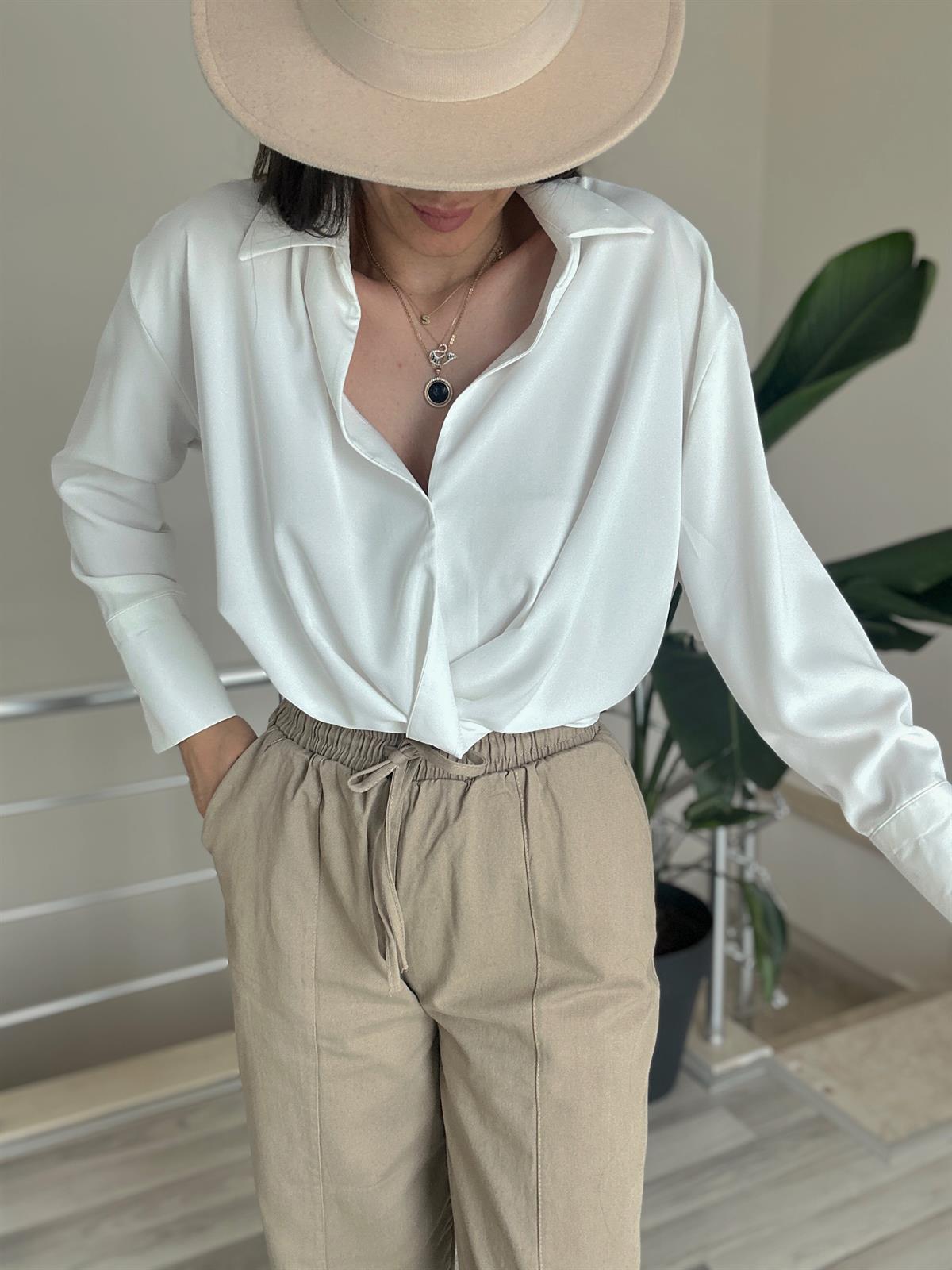 Etek Ucu Lastikli Bluz Gömlek- Beyaz