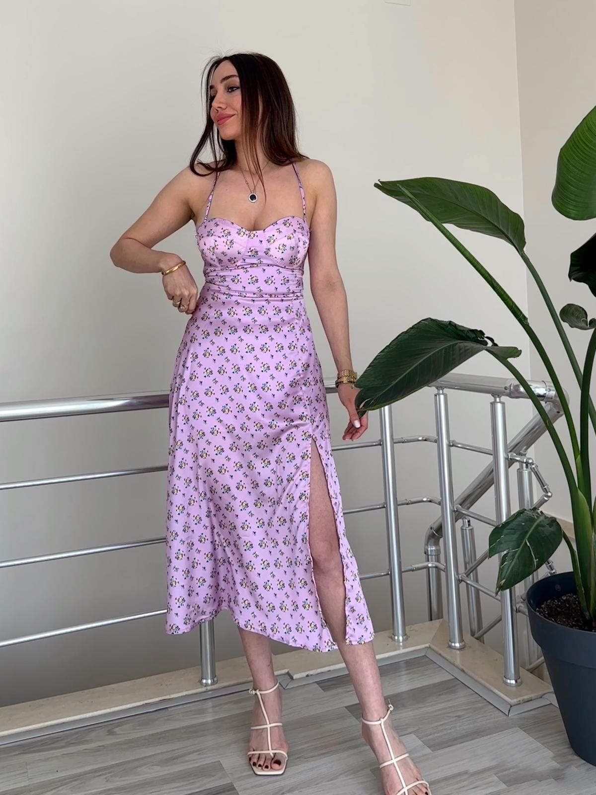 Lila Saten Midi Elbise 