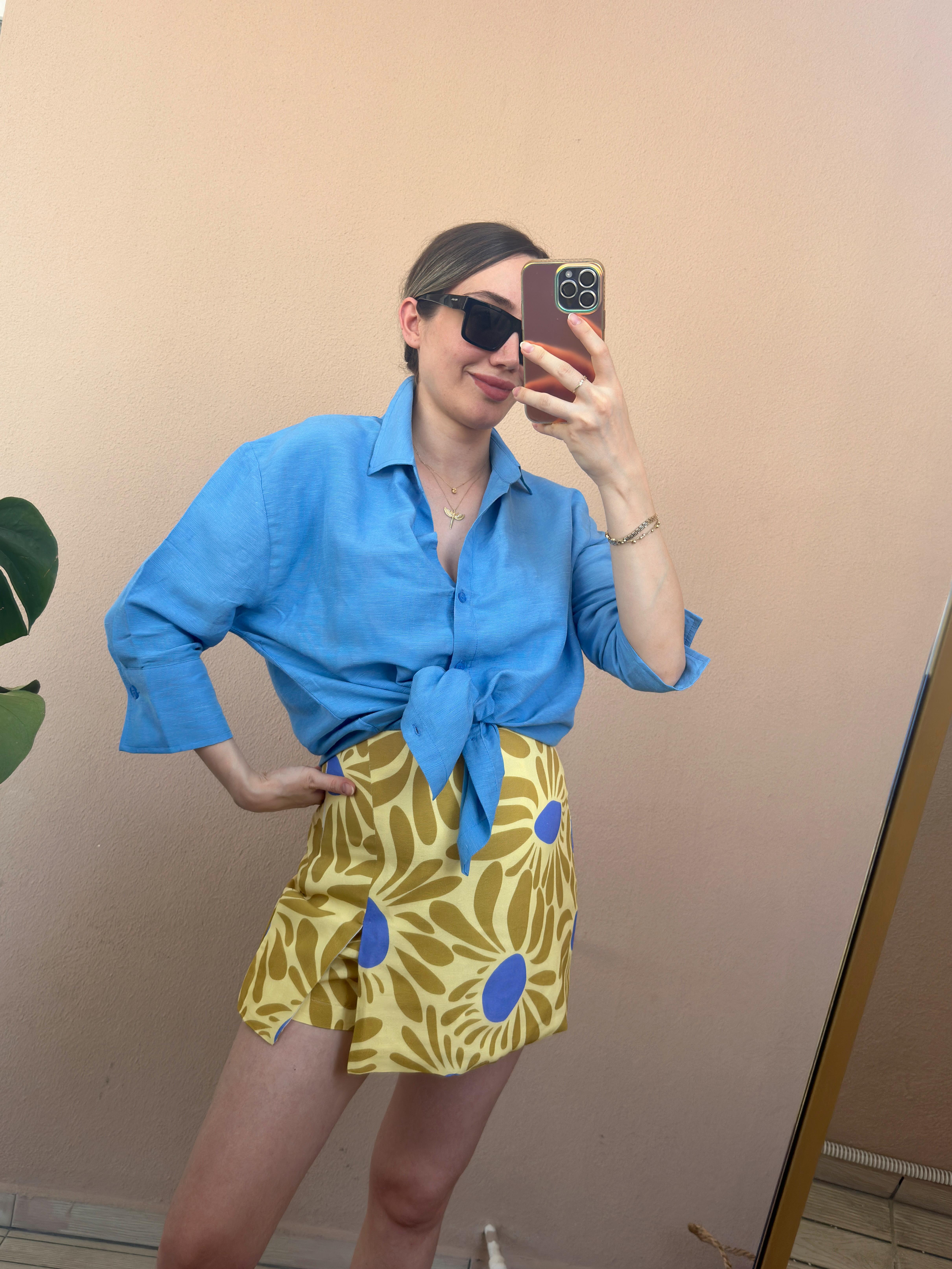 Mavi Fakir Kol Keten Gömlek