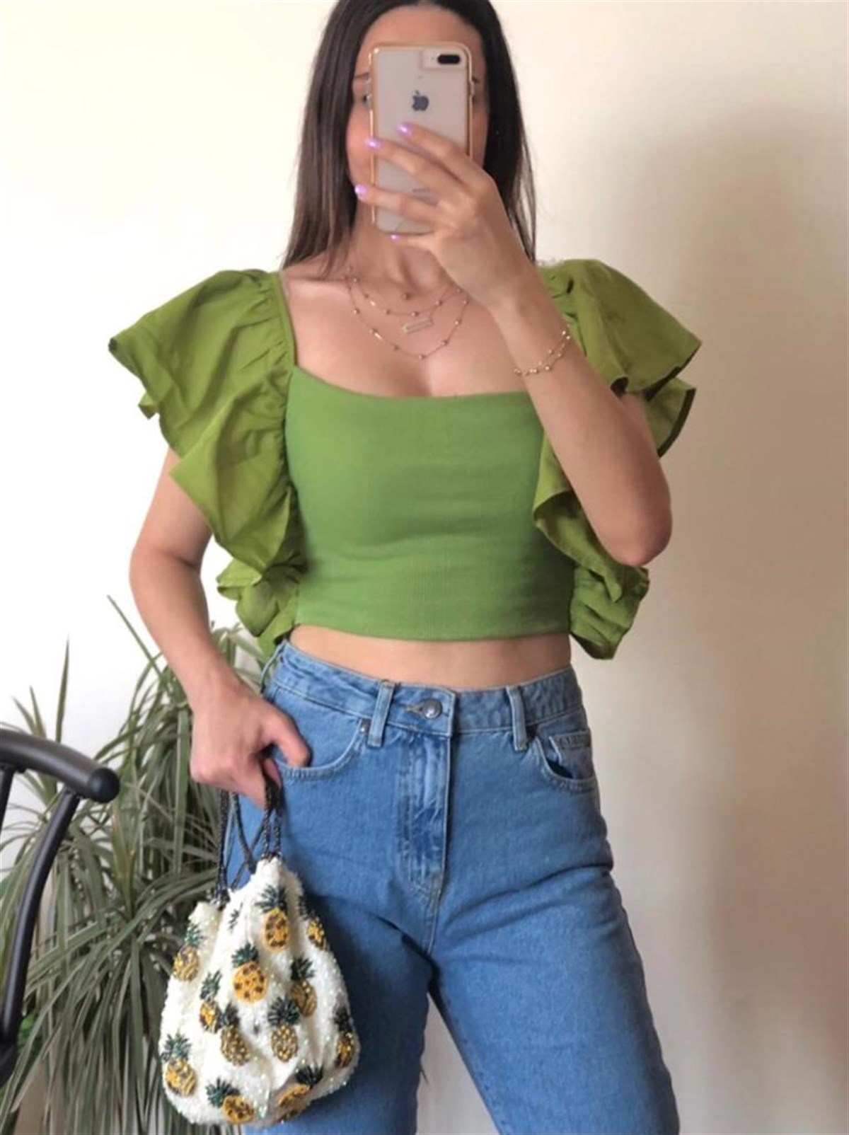 Yeşil Kol Detaylı Crop