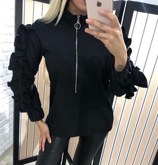 Poplin Kumaş Kol Detaylı Siyah Bluz