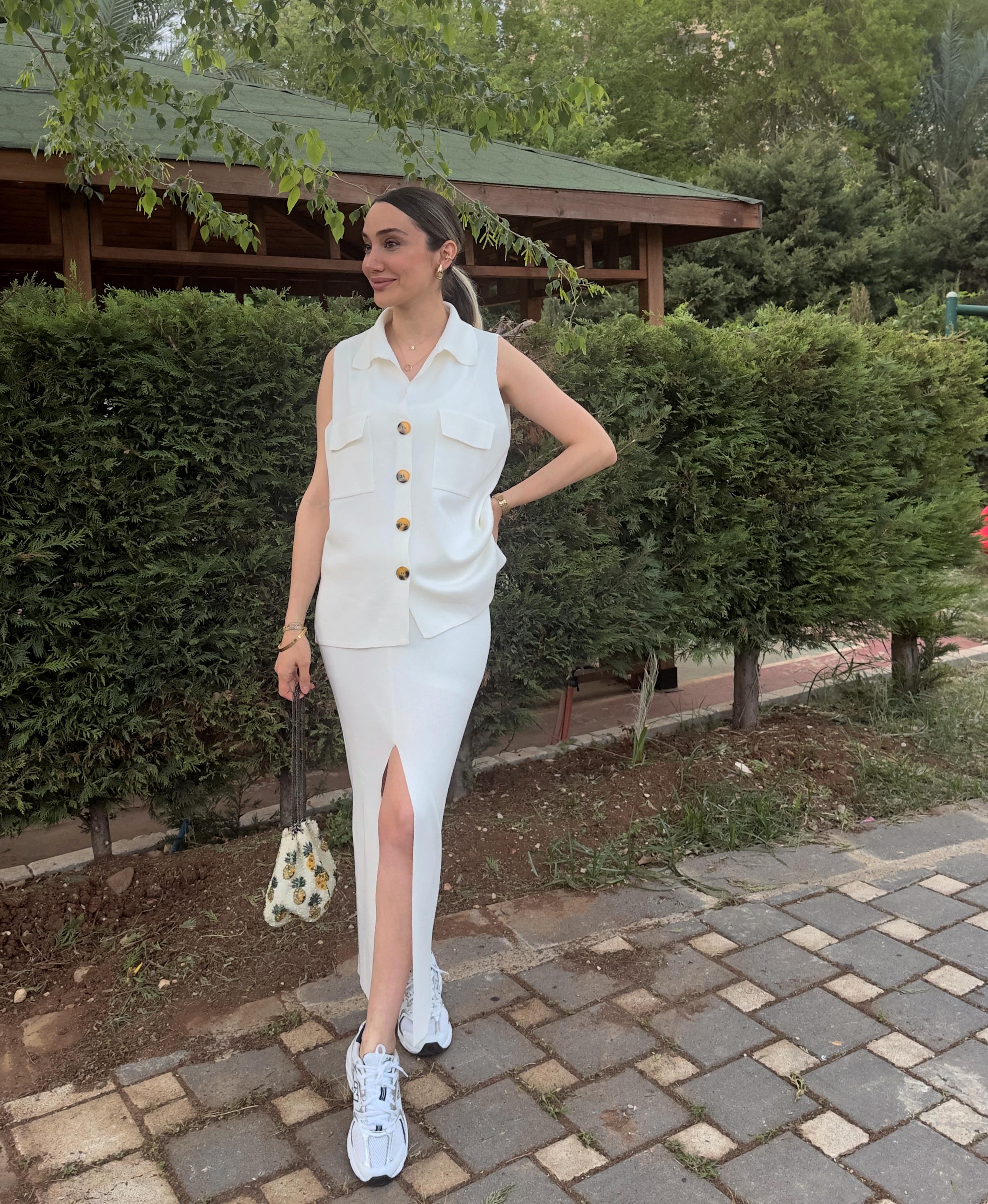 Beyaz Triko Etek Yelek Takım