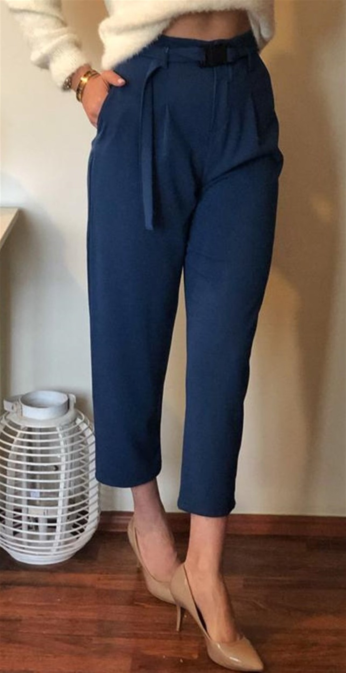 Boyfriend Kendinden Kemerli Mavi Renk Pantolon