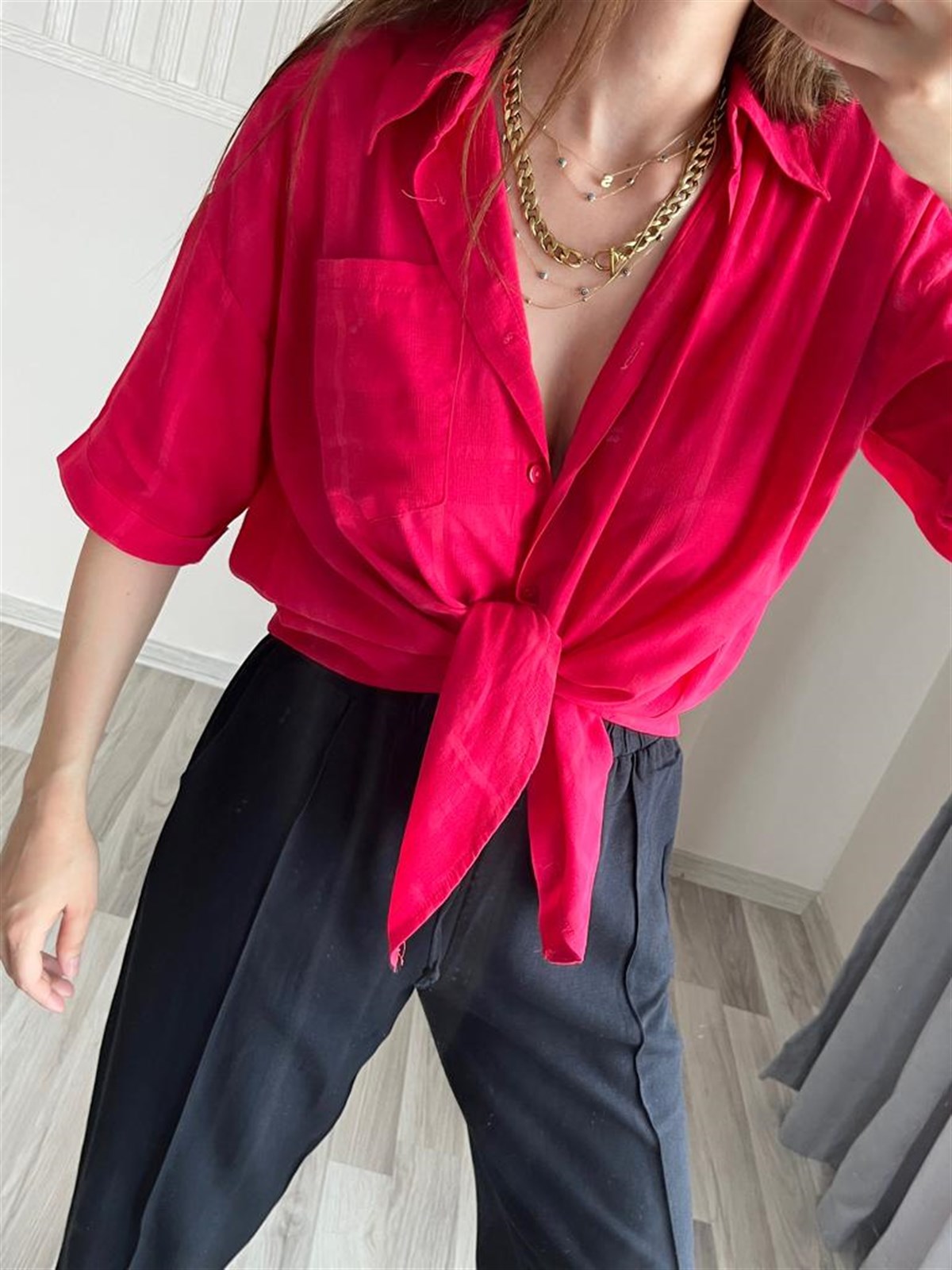 Fuşya Keten Gömlek