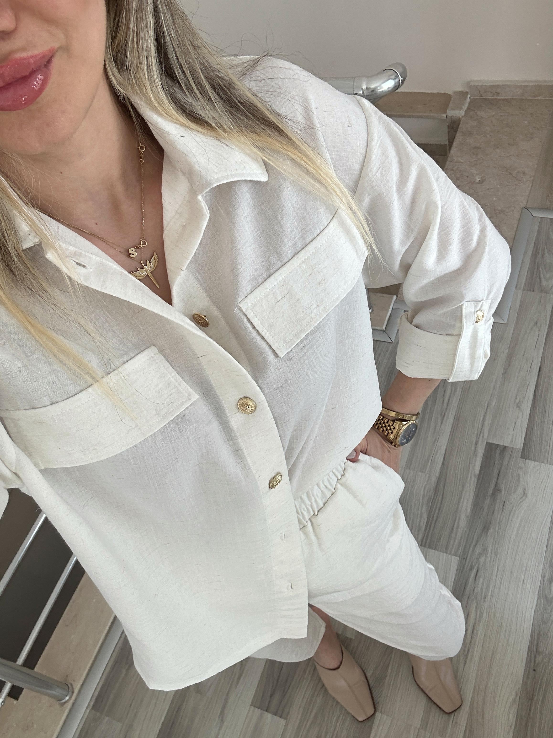 Gold Düğme Detaylı Ekru Takım