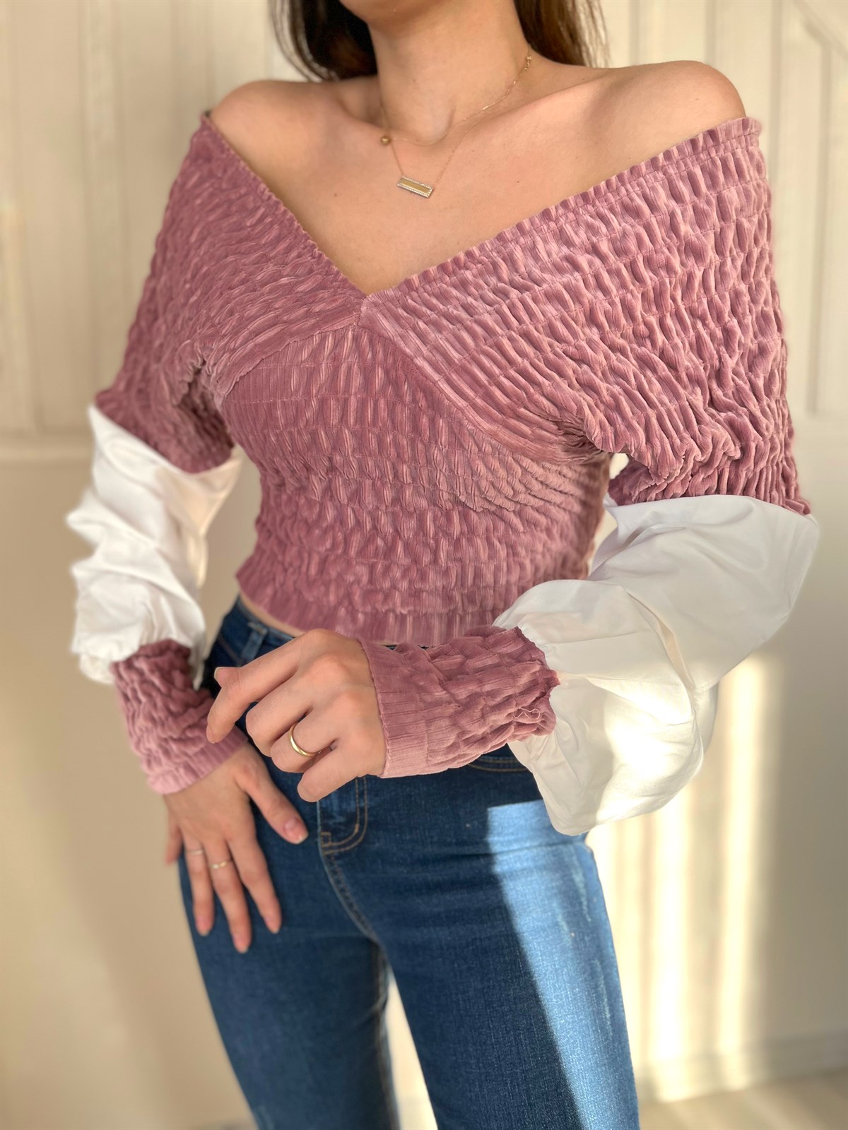 Kadife Detaylı Lila Bluz