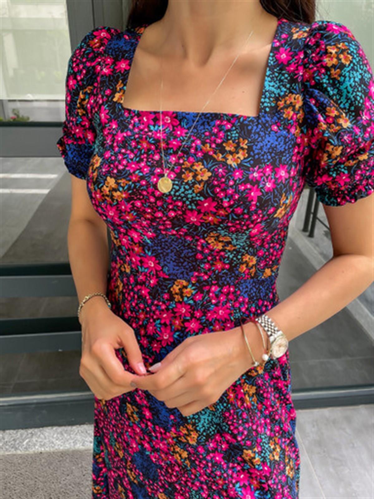 Kare yaka viskon elbise