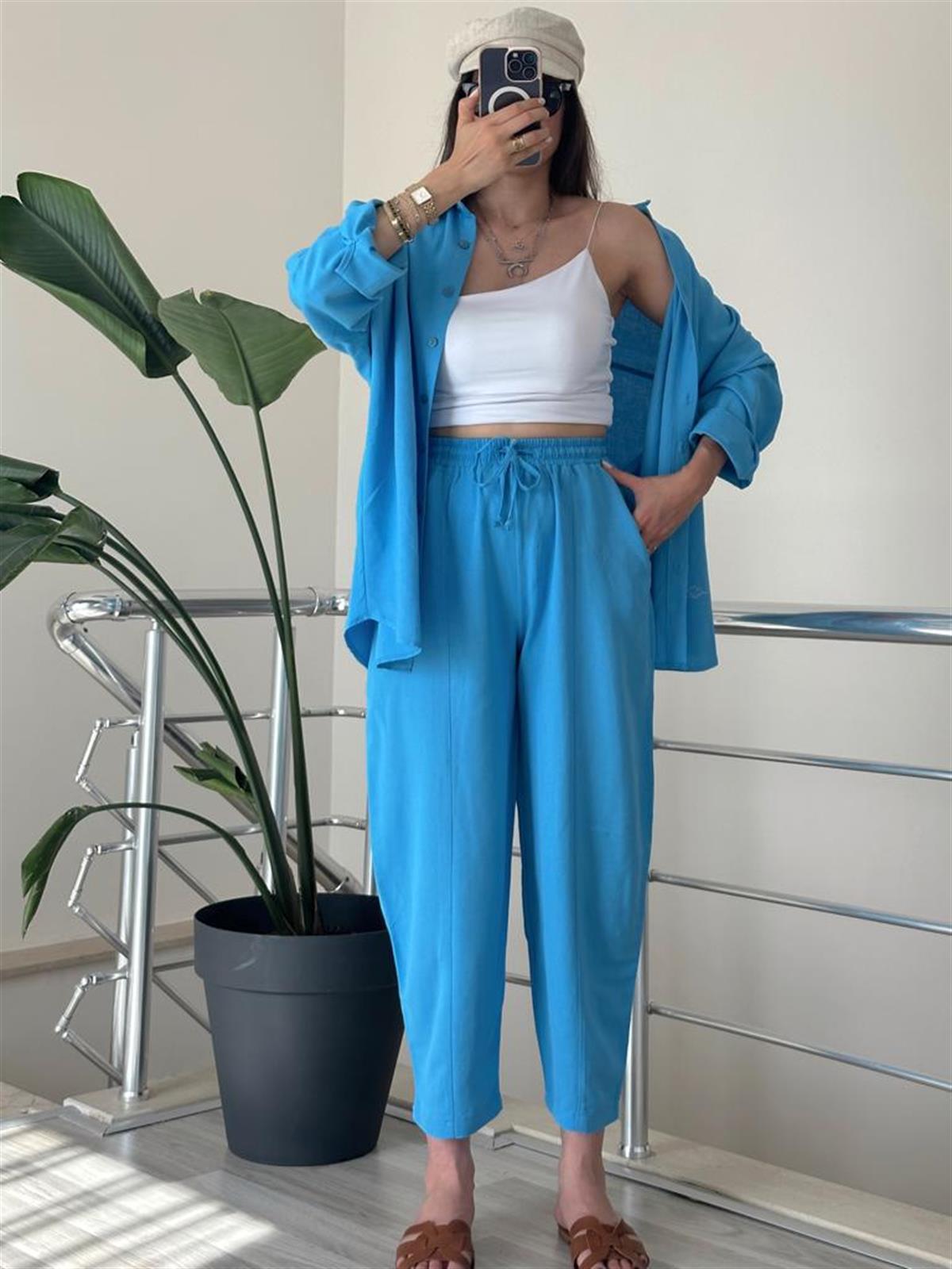 Mavi Keten Şalvar Pantolon