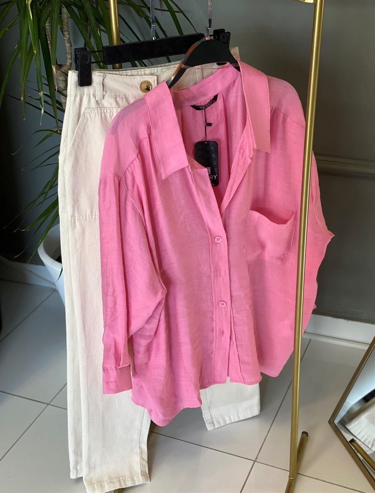 Pembe Düşük Omuz Oversize Gömlek