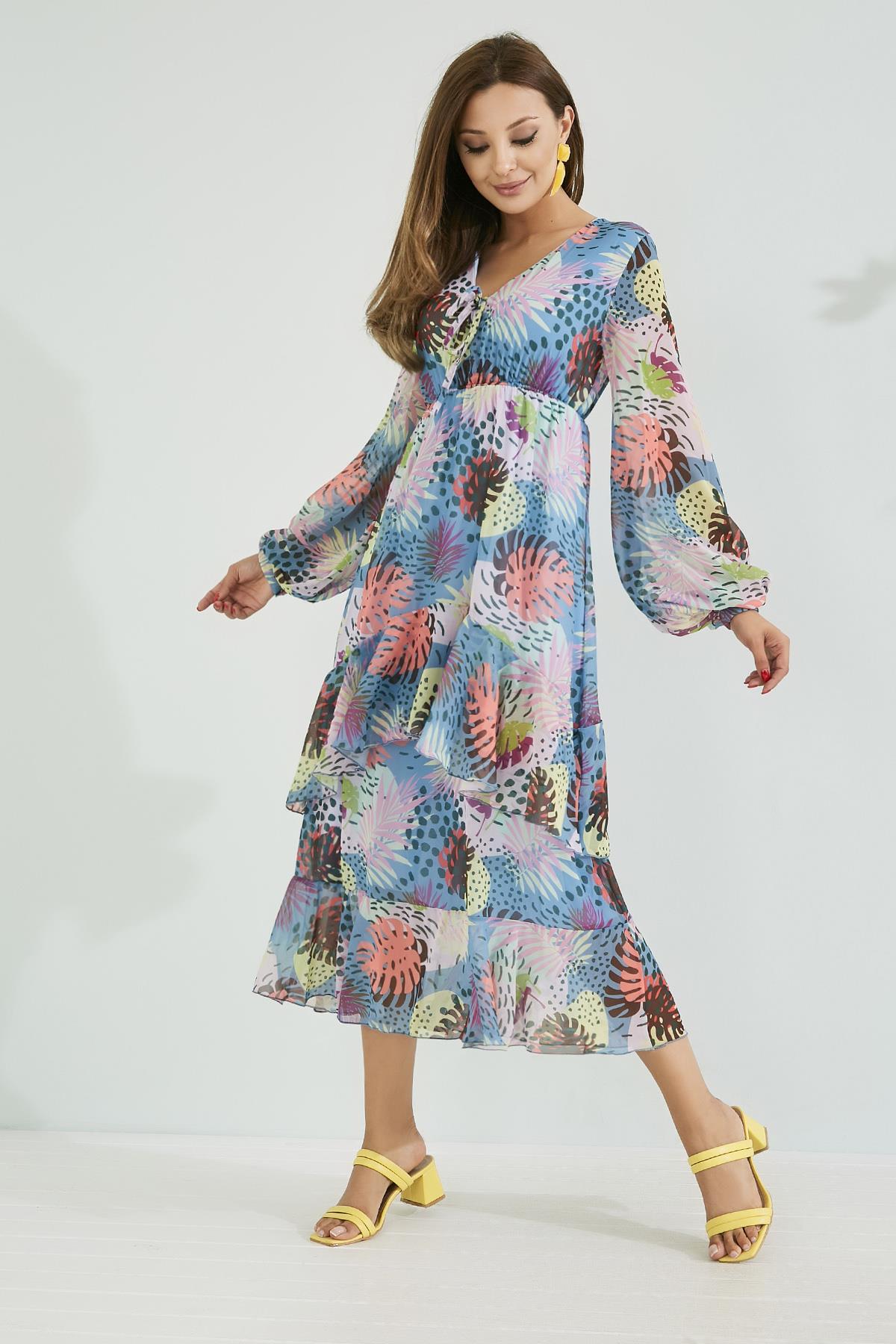 Renkli Maxi Boy Şifon Elbise