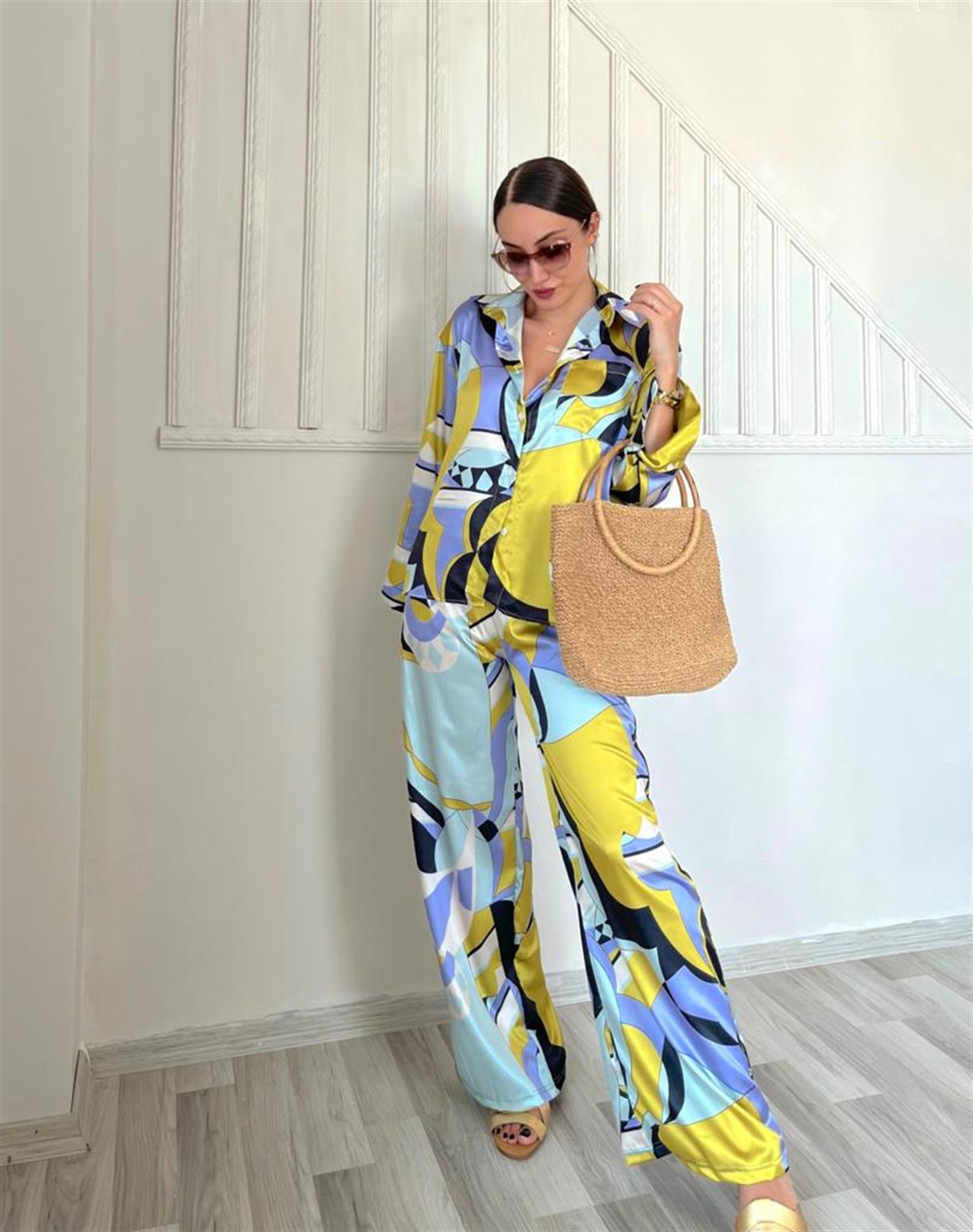 Saten Lila Desenli Takım