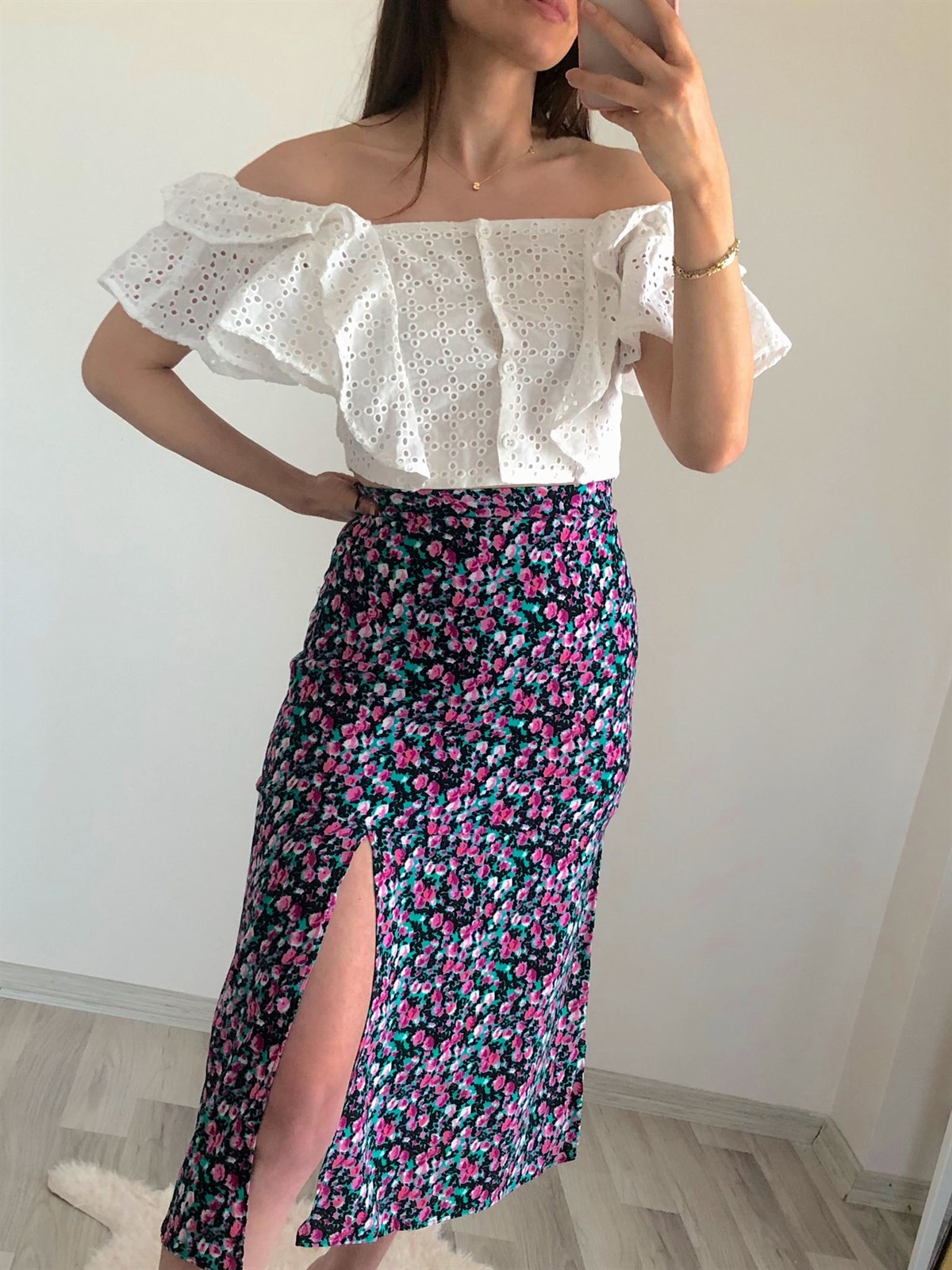 Viskon Çiçekli Etek