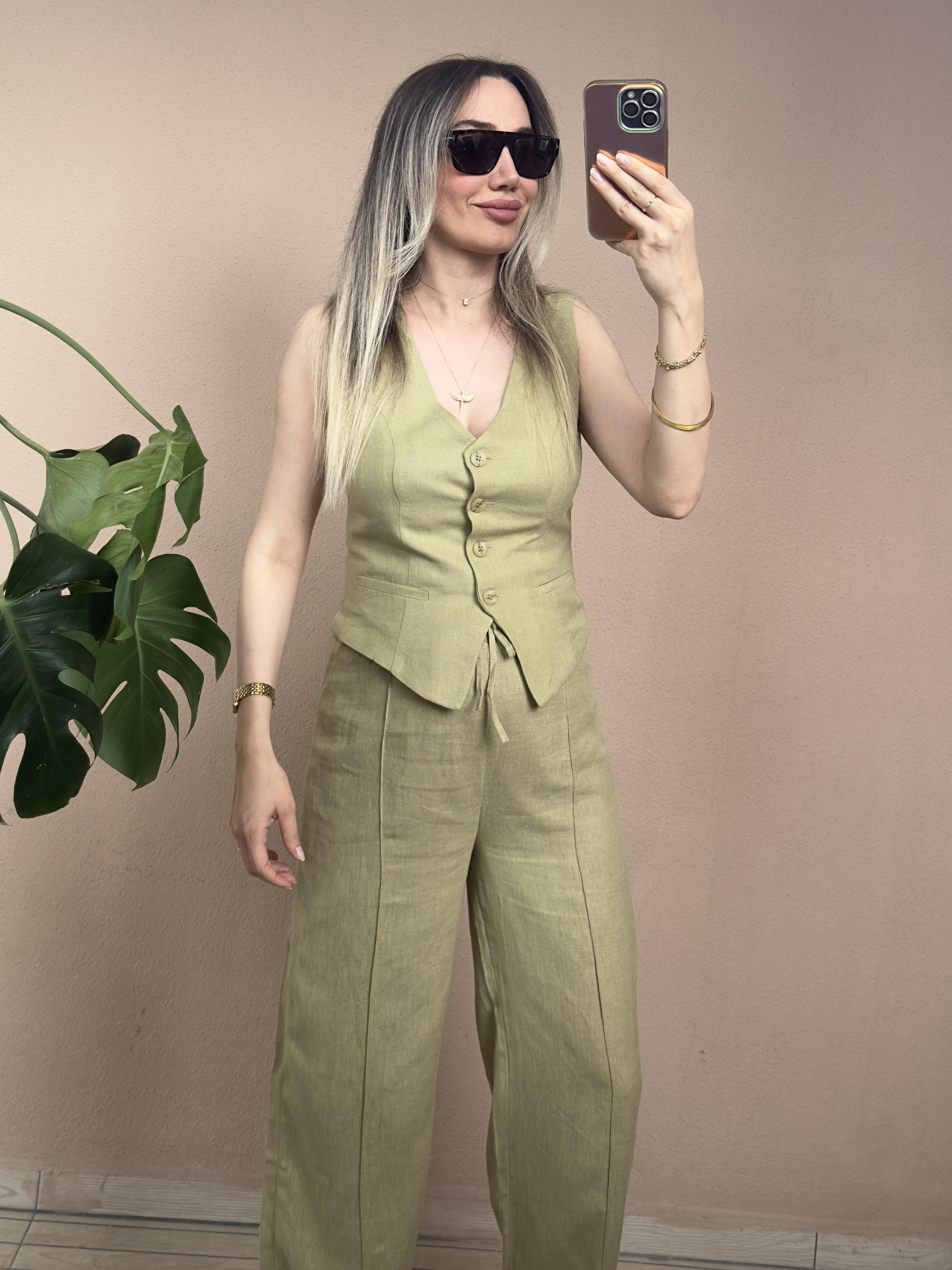 Yeşil Yelek Pantolon Keten Takım