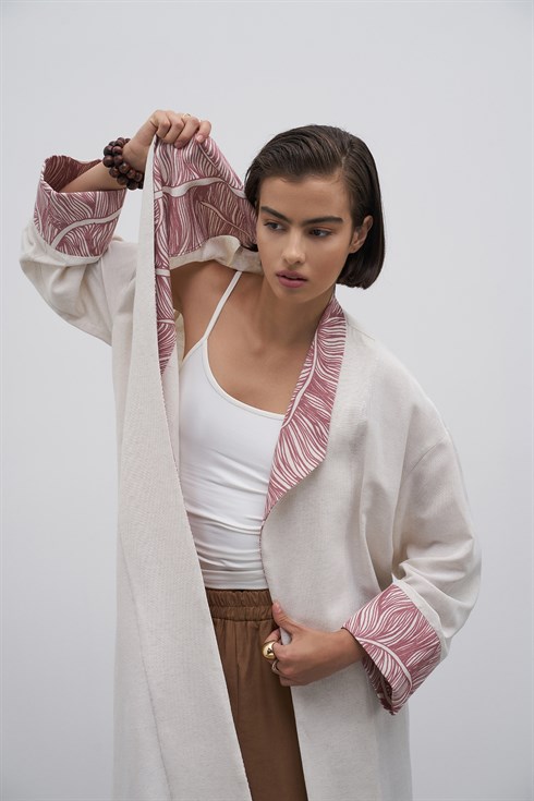 Kadın Yaka Desenli Ketenli Uzun Kimono Pudra